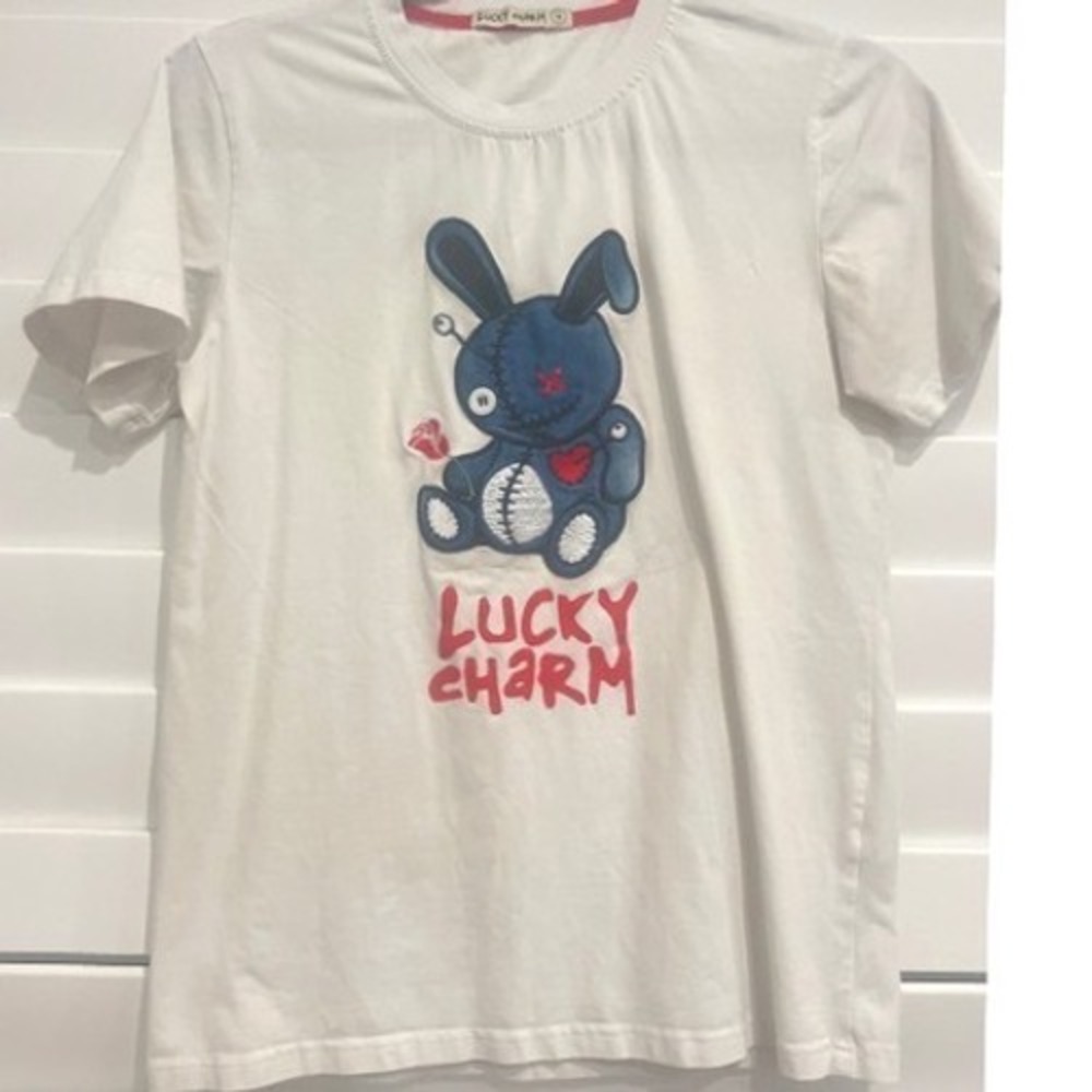 BKYS Lucky Charm Voodoo Embroidered Bunny Graphic Tee White Short Sleeve Size 14